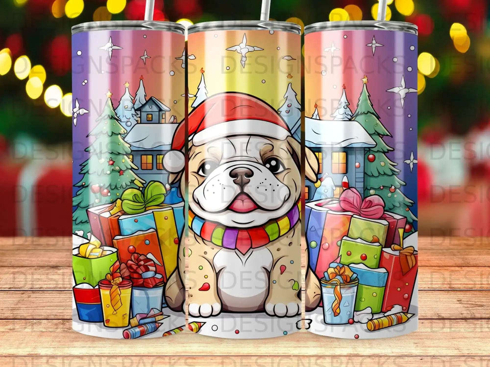 Bulldog in Santa hat and scarf surrounded by Christmas presents.