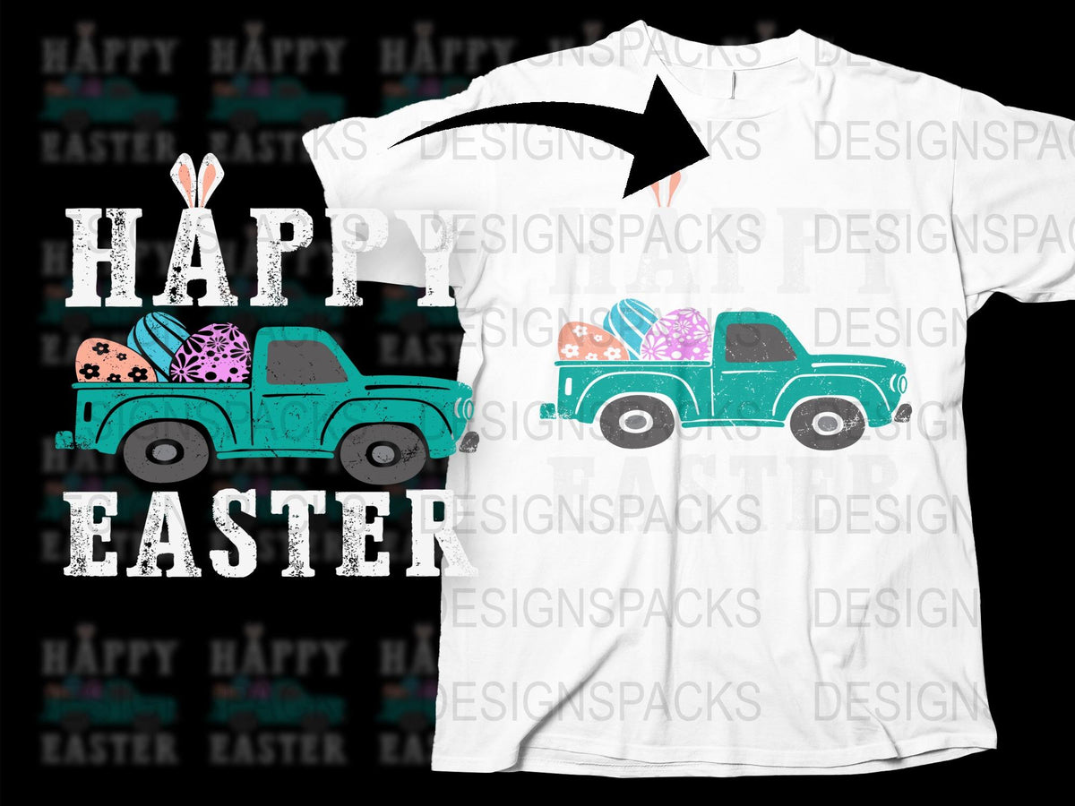 Easter Truck T-Shirt, Vintage Blue Pickup, Egg and Bunny Graphic Tee, Spring Holiday Apparel for Family Gatherings