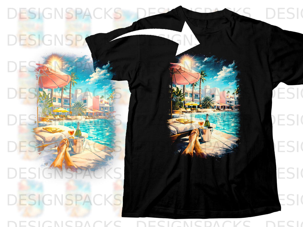 T-shirt with resort pool scene featuring lounge chairs, drinks, and palm trees.