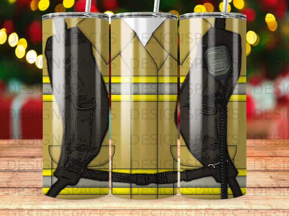 Firefighter uniform pattern on a tumbler, with a walkie-talkie graphic.