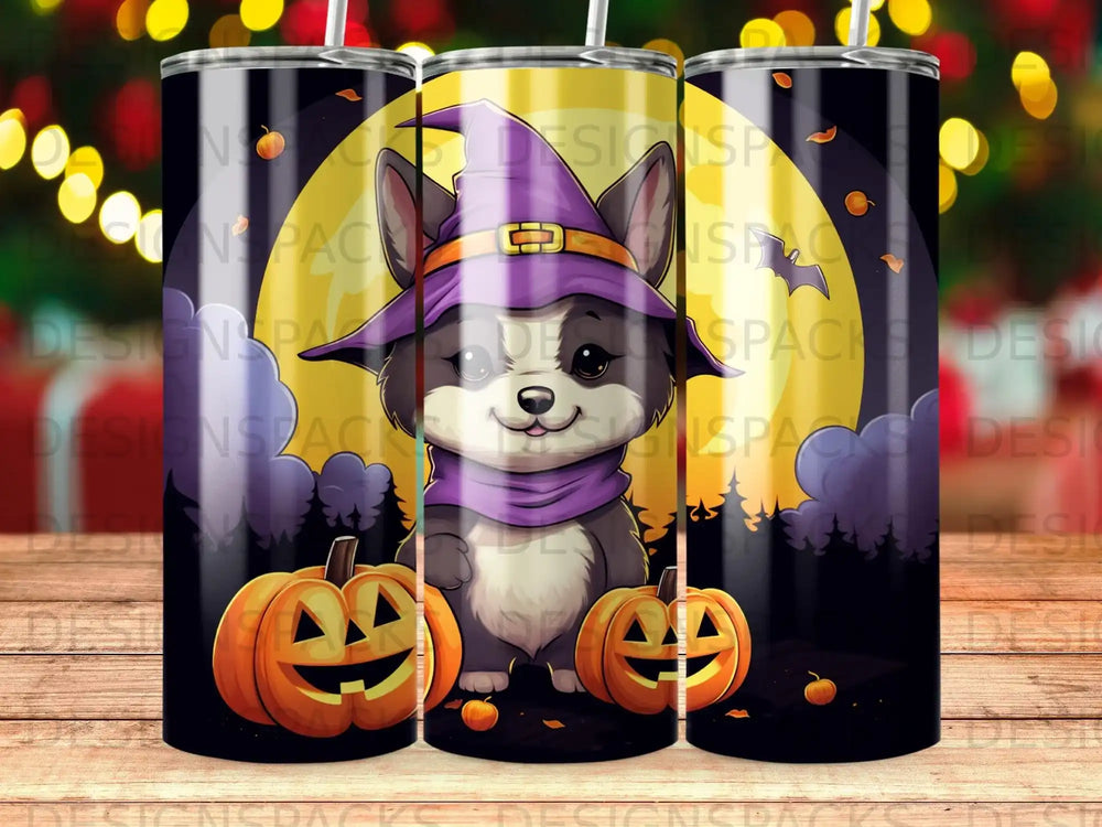 Wolf in witch hat with pumpkins on a tumbler.