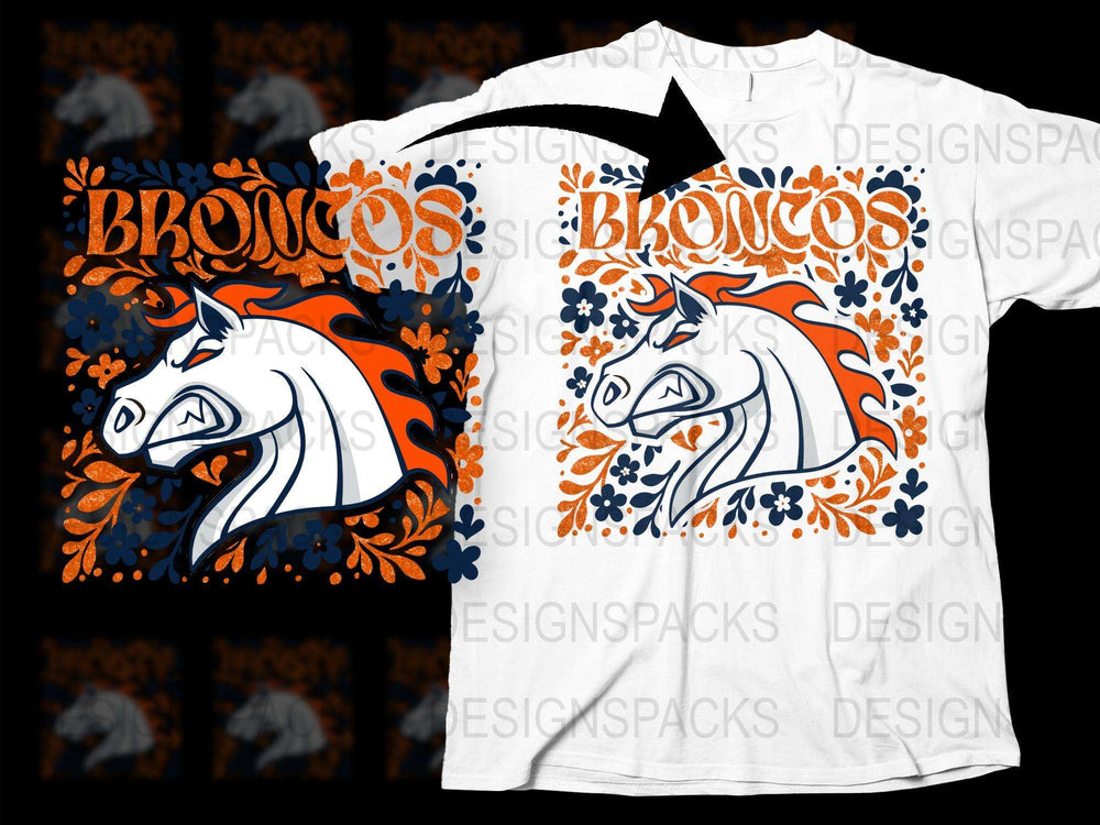 Broncos Graphic T-Shirt, White Horse, Floral Pattern, Sports Fan Tee, Unisex Adult Clothing, Team Spirit Wear