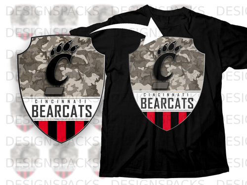 Black t-shirt with Cincinnati Bearcats shield logo featuring camouflage and red stripes.