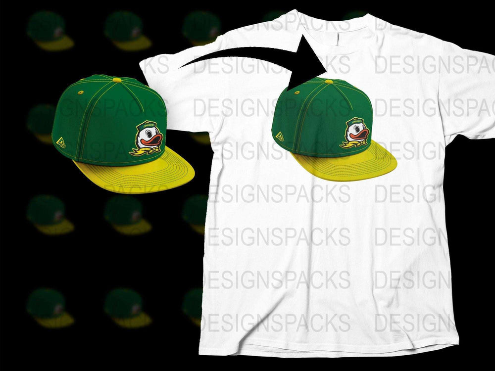 Duck Logo Green and Yellow Baseball Cap, White T-Shirt with Duck Graphic Design