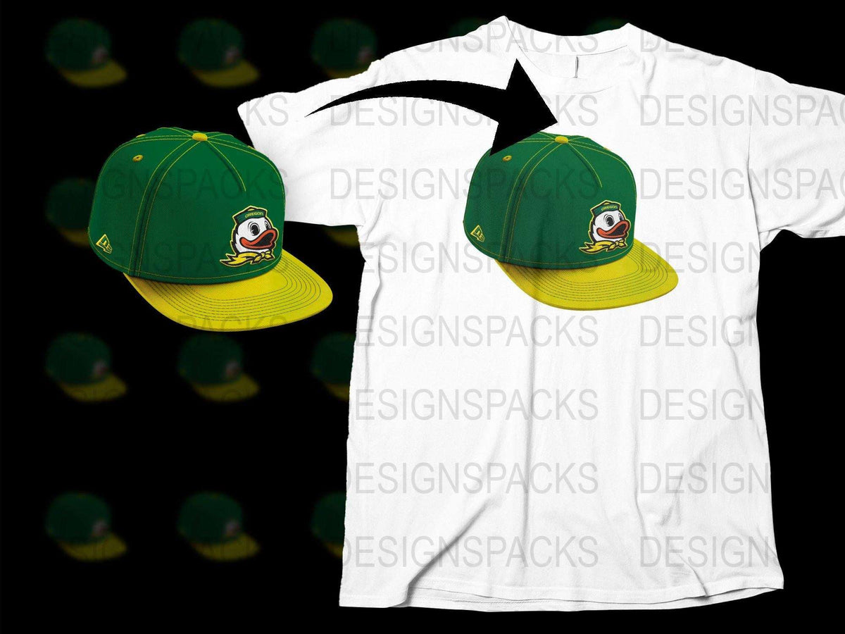 Duck Logo Green and Yellow Baseball Cap, White T-Shirt with Duck Graphic Design