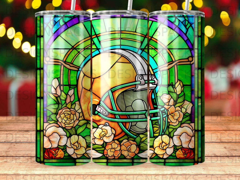 Stained glass football helmet with flowers, on a tumbler.