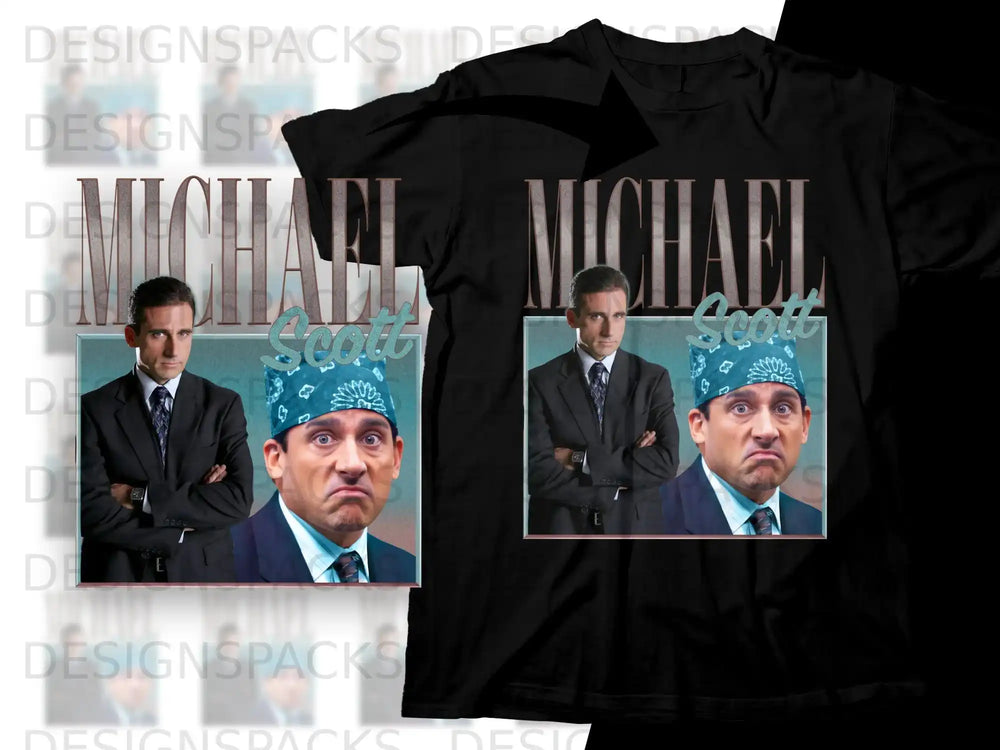 T-shirt with Michael Scott wearing a blue bandana and a shirt and tie.