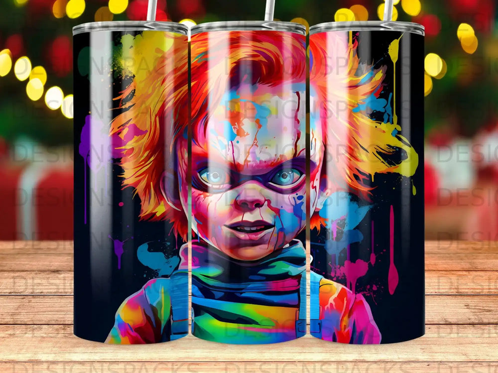 Creepy child clown with colorful hair and makeup, wearing overalls.