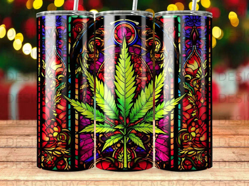 Stained glass cannabis leaf tumbler with colorful intricate patterns.