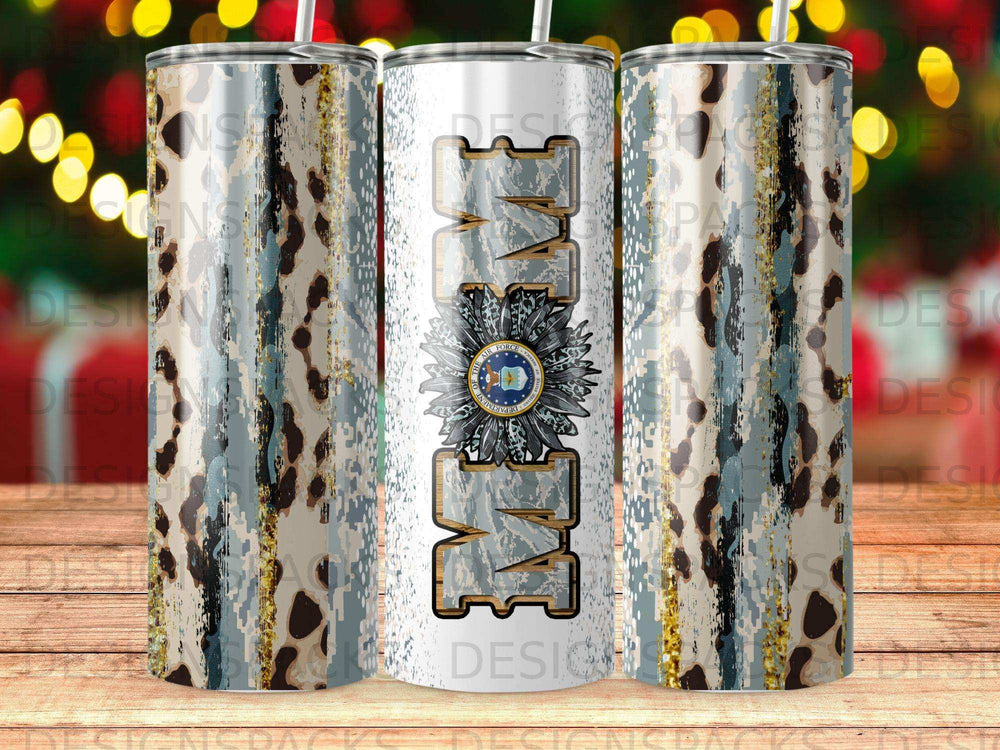 Mom with US Air Force emblem on a distressed camouflage and leopard print tumbler.