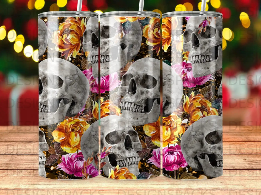 Skulls and yellow and pink flowers pattern on a tumbler.