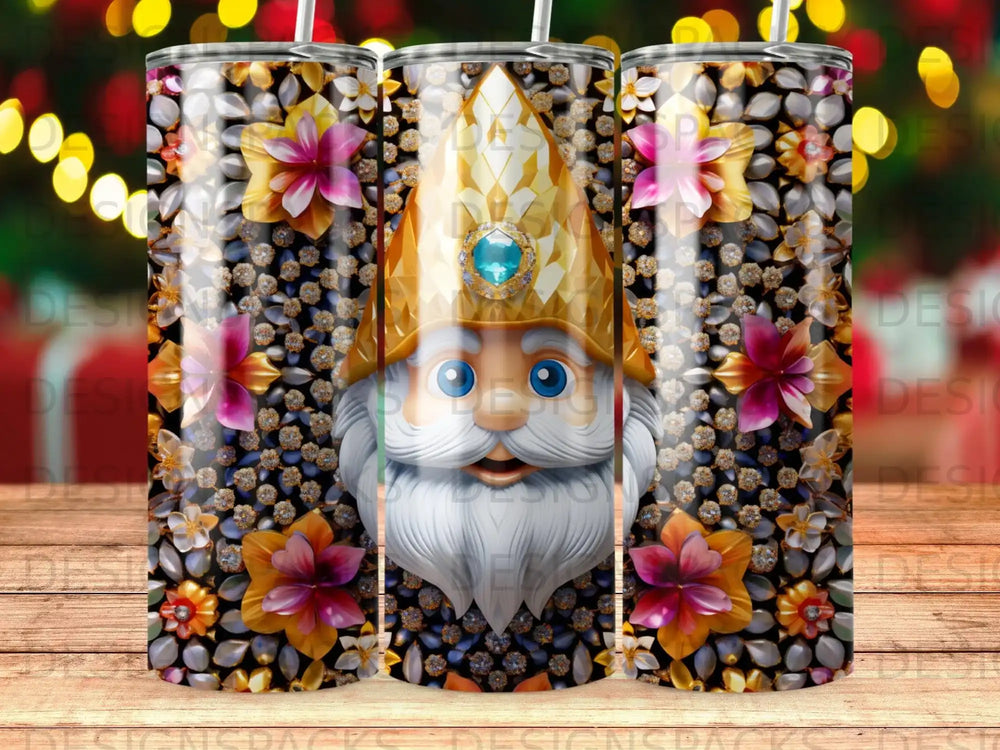 Santa Claus face with jewel-adorned hat and floral background.