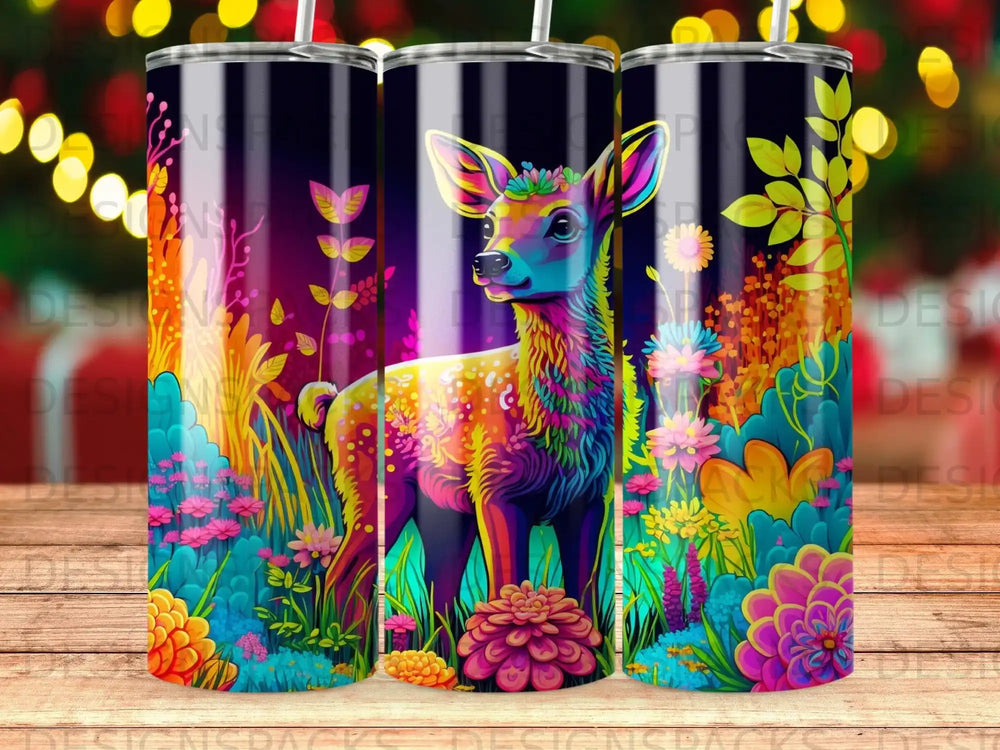 Colorful deer with vibrant flowers and plants on a dark background.