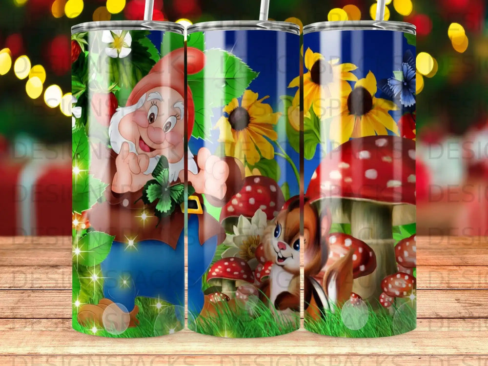 Tattooed gnome and squirrel with mushrooms and flowers on a tumbler.