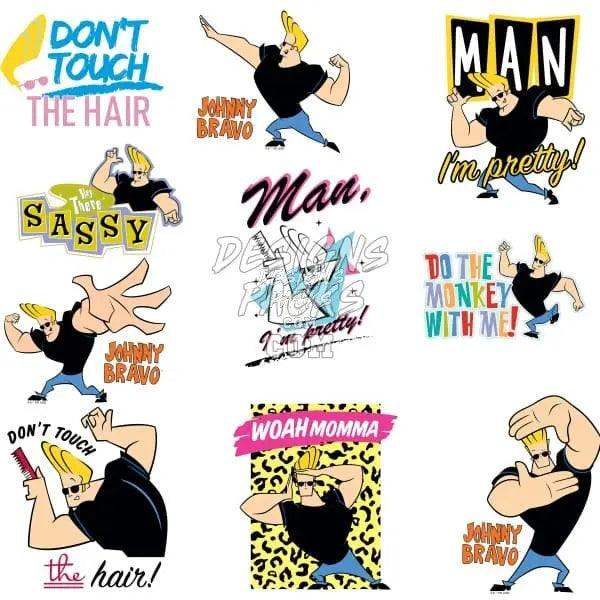 Johnny Bravo print designs with bold phrases like 'Don't Touch the Hair' and 'Man, I'm Pretty!'