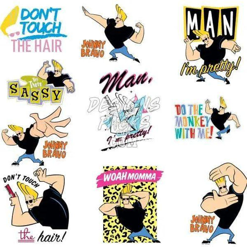 Johnny Bravo print designs with bold phrases like 'Don't Touch the Hair' and 'Man, I'm Pretty!'
