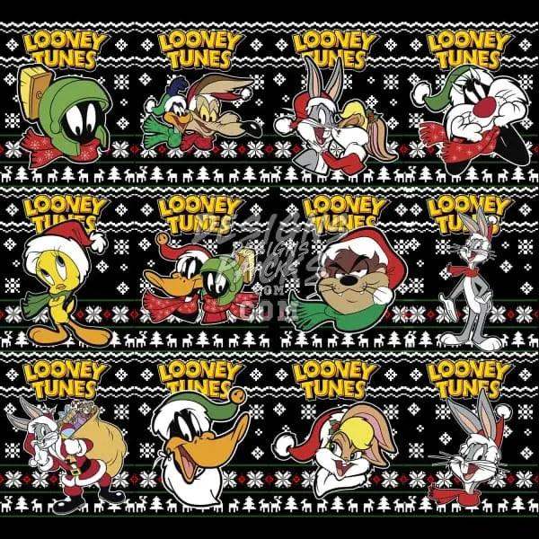 Looney Tunes Christmas characters in festive holiday sweater design with snowflakes and trees