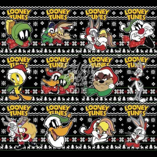 Looney Tunes Christmas characters in festive holiday sweater design with snowflakes and trees