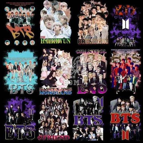 K-pop group designs for DTF, DTG, embroidery & tumbler wraps — BTS, EXO, GFRIEND, MOMOLAND