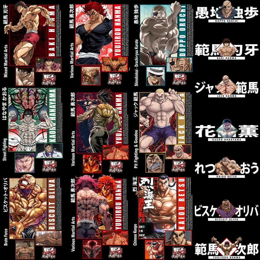 16 Anime Baki Black and White Streetwear Front + Back Designs Bundle PNG