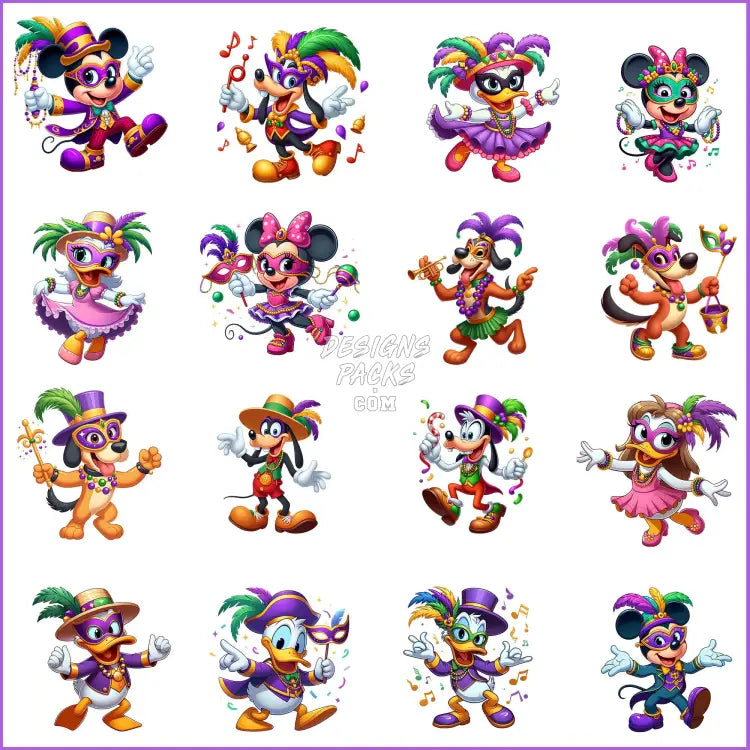 16 Cartoon And Friends Mardi Gras Designs Bundle Png