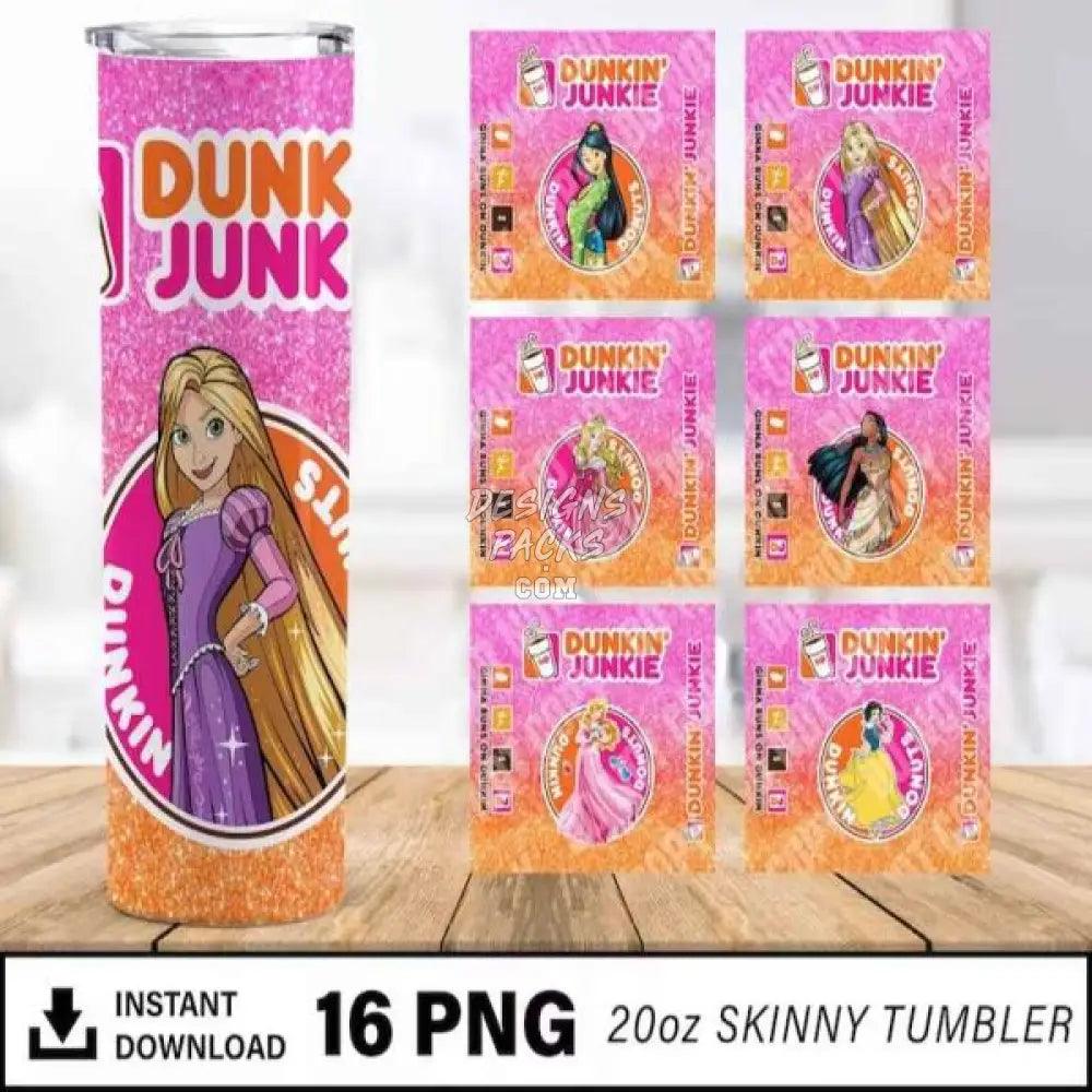 16 Cartoon Princess Dunkin Junkie Tumbler Wrap Png Bundle Png