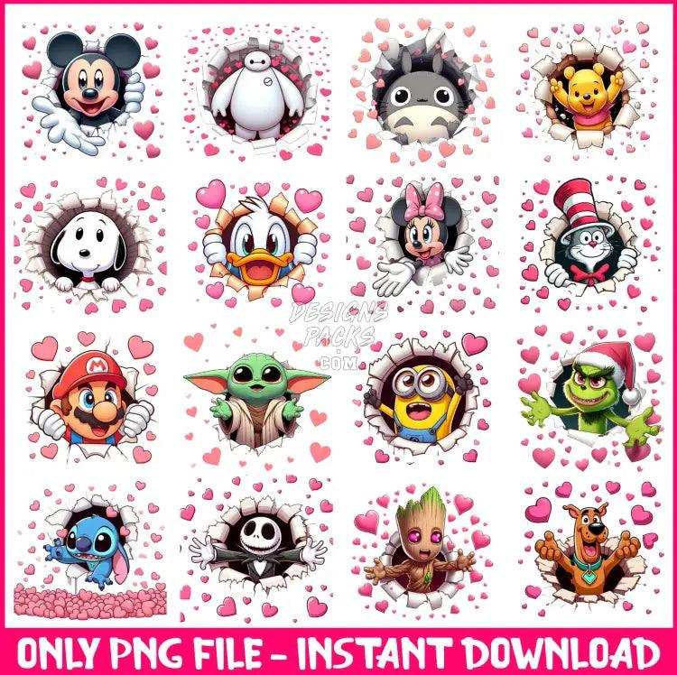 16 Cartoon Valentine Hearts Designs Bundle Png
