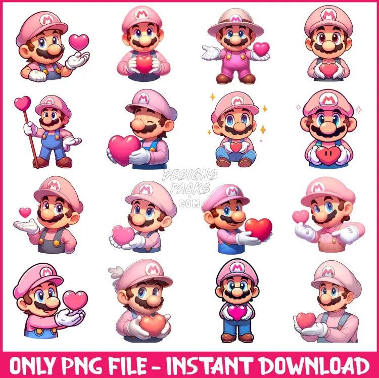 16 Gaming Mario Valentine Designs Bundle Png