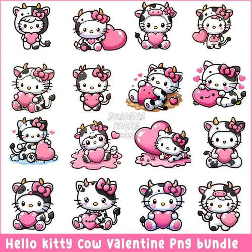 16 Hello Kitty Cow Valentine Designs Bundle Png