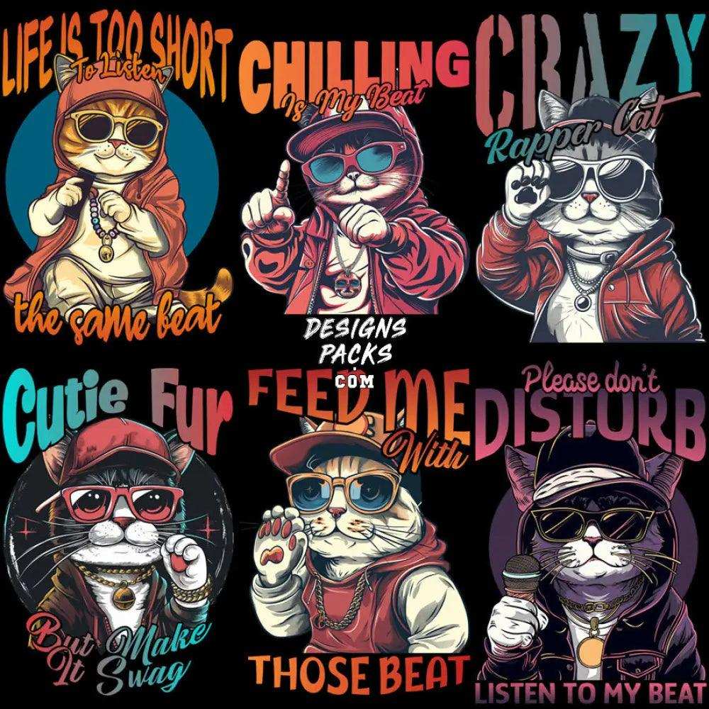 16 Hip Hop Rap Cat Designs Bundle Png