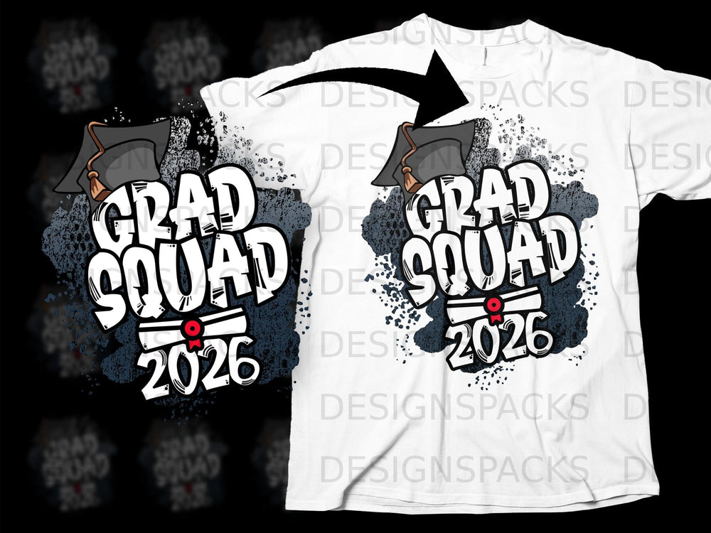 Grad Squad 2026 text with graduation cap graphic on a white t-shirt.