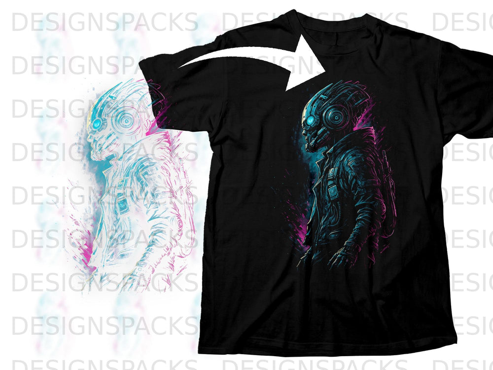 Black t-shirt with cyberpunk robot graphic on the right side.
