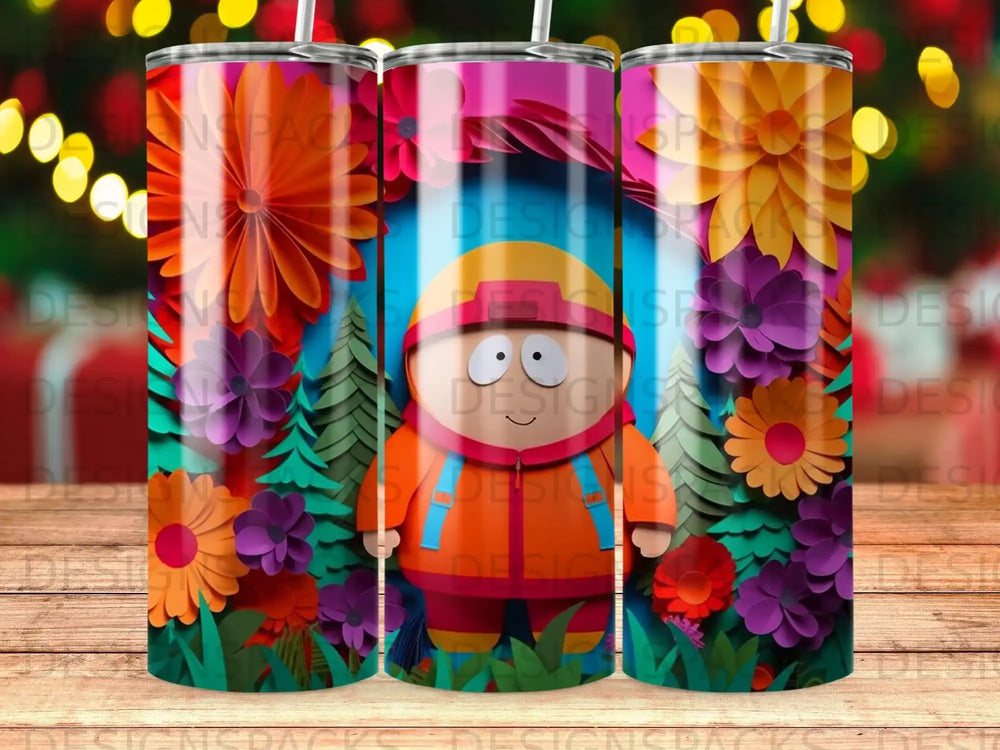 Cartoon character in orange outfit and hat on colorful papercraft background.