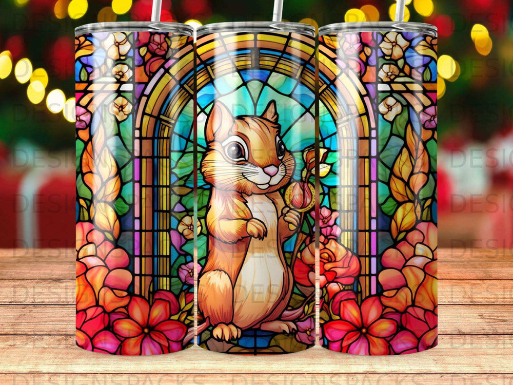 Squirrel in stained glass window holding a flower, surrounded by colorful floral motifs.