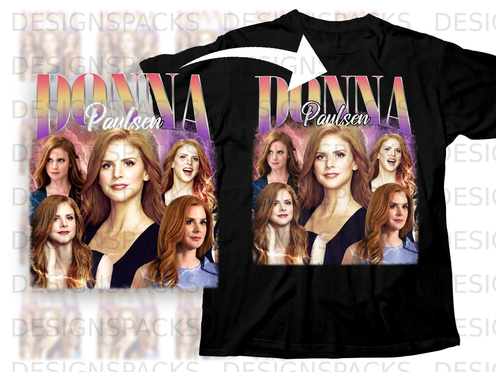 Black t-shirt featuring "DONNA Paulsen" text and a collage of images of the actress Sarah Rafferty.