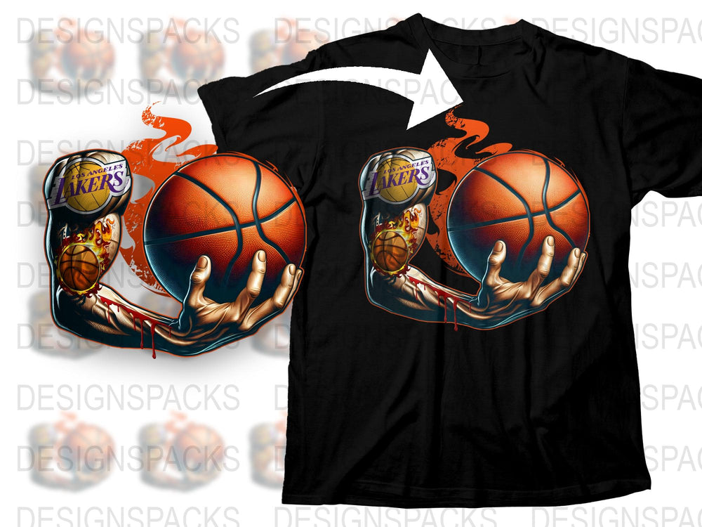 Lakers Basketball Graphic Tee, Fiery Ball and Hands Design, Sports Fan T-Shirt, Cool Athletic Apparel