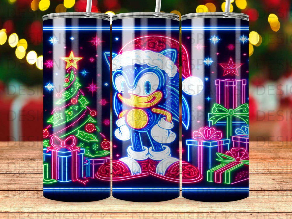 Sonic the Hedgehog in a Santa hat with presents and a neon Christmas tree.