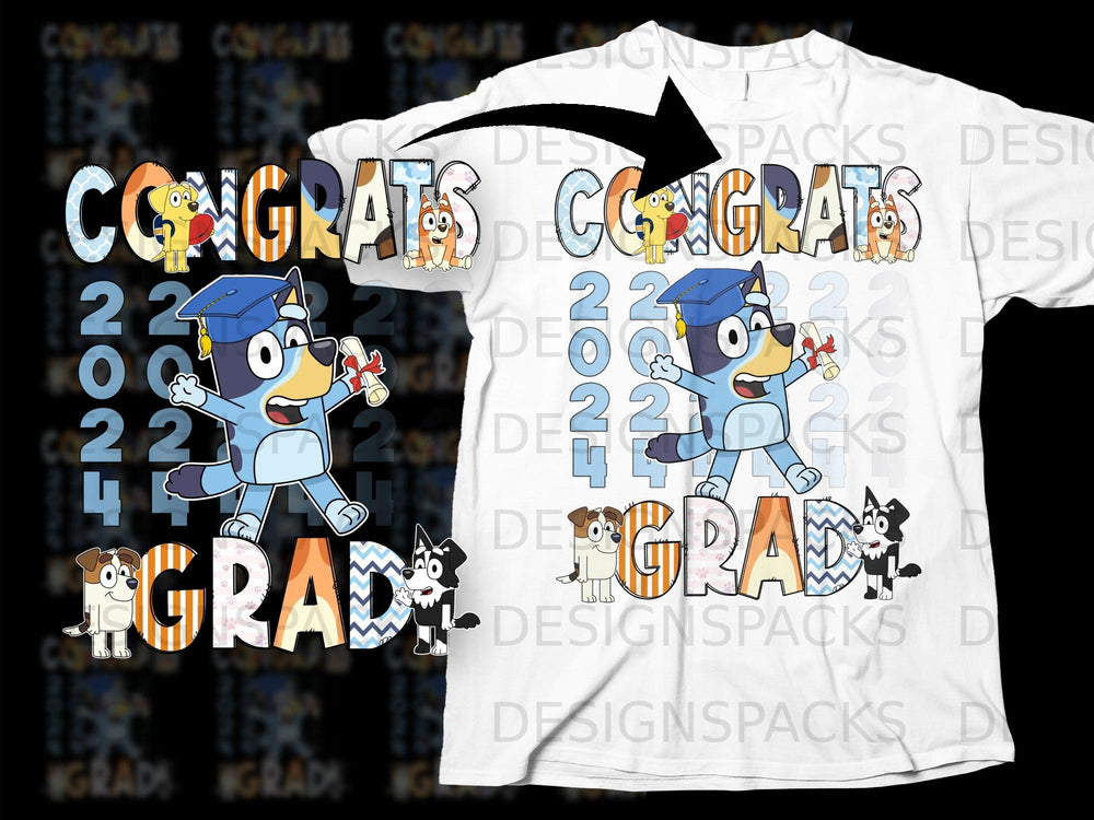 Bluey and Bingo characters in graduation caps with "Congrats Grad" and "2024".