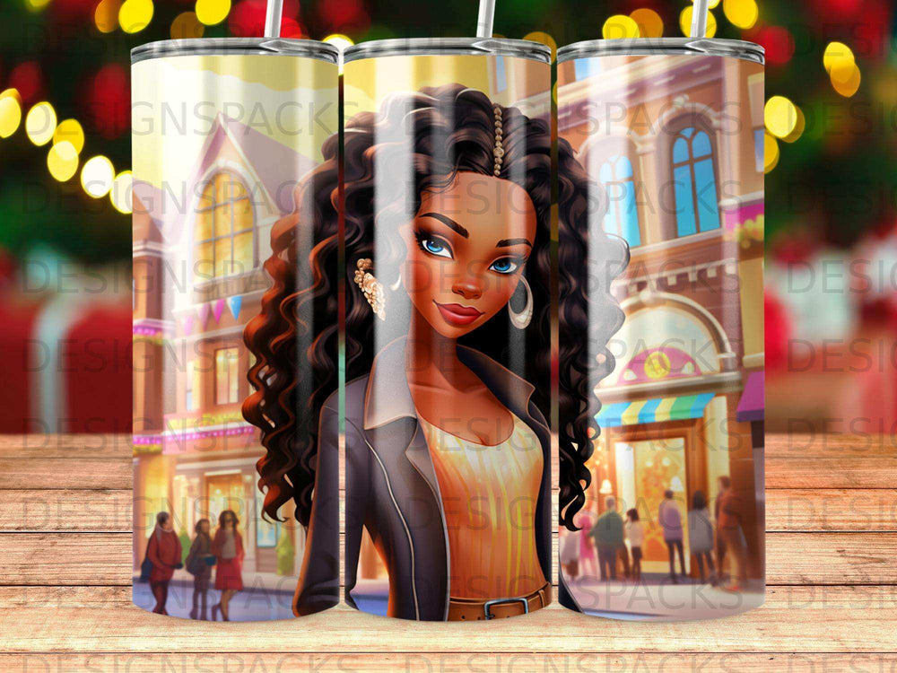 Woman with curly hair and jacket, storefront background, on a tumbler.