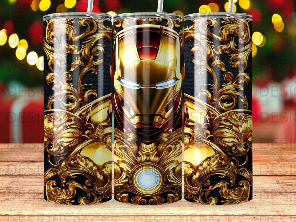 Iron Man mask and armor design on a tumbler with ornate gold details.