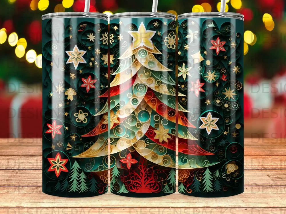 Christmas tree with star topper and floral ornaments on dark green background.