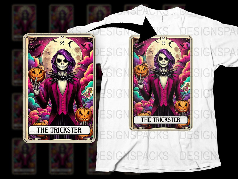 Gothic Tarot Card T-Shirt, The Trickster Design, Pumpkin and Skulls, Halloween Apparel, Unique Graphic Tee, Full Color Print