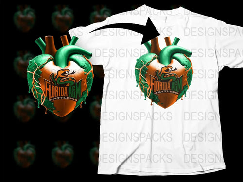 Florida AandM Rattlers T-Shirt, Heart Graphic Tee, College Apparel, Sports Fan Gift, Vibrant Orange and Green Design
