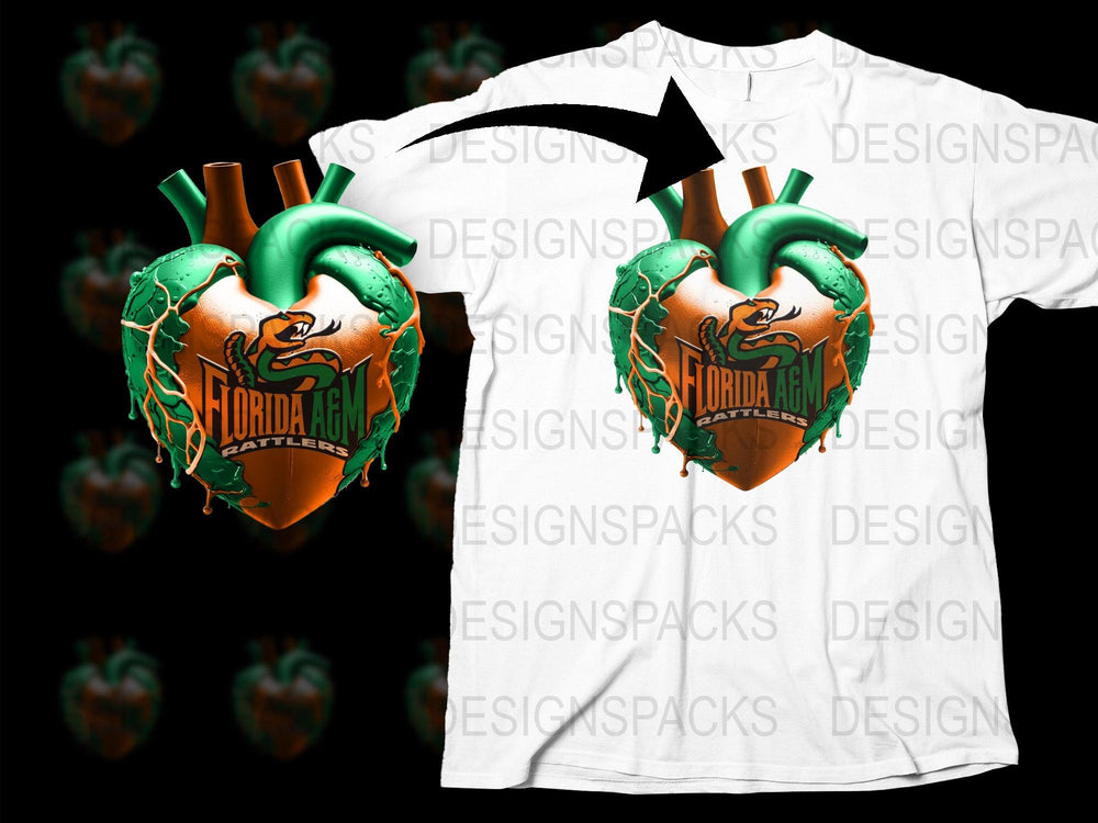 Florida AandM Rattlers T-Shirt, Heart Graphic Tee, College Apparel, Sports Fan Gift, Vibrant Orange and Green Design