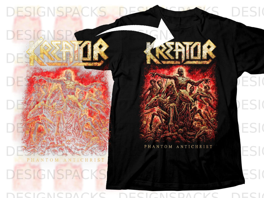 Black t-shirt with "Kreator Phantom Antichrist" graphic featuring a skeletal figure and zombies.