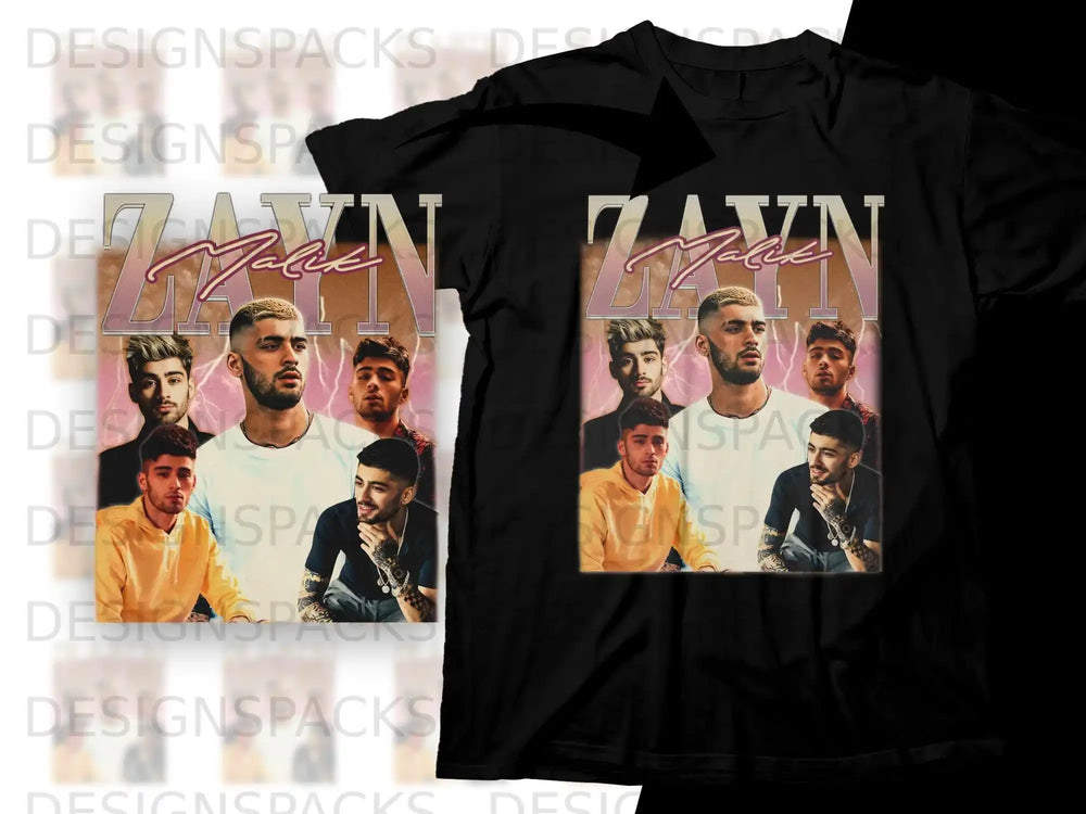 Black t-shirt featuring a collage of Zayn Malik photos with "ZAYN" text.
