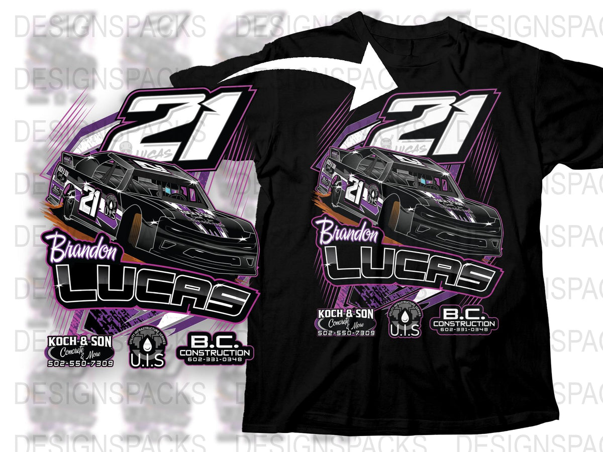 Brandon Lucas Racing T-Shirt, Race Car Graphic Tee, Motorsport Apparel, Black and Purple, Men's Fashion