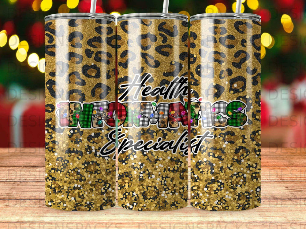 Gold glitter and leopard print tumbler with "Health Informatics Specialist" text.