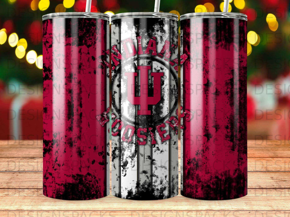Three tumblers with Indiana University logo and distressed red and white pattern.