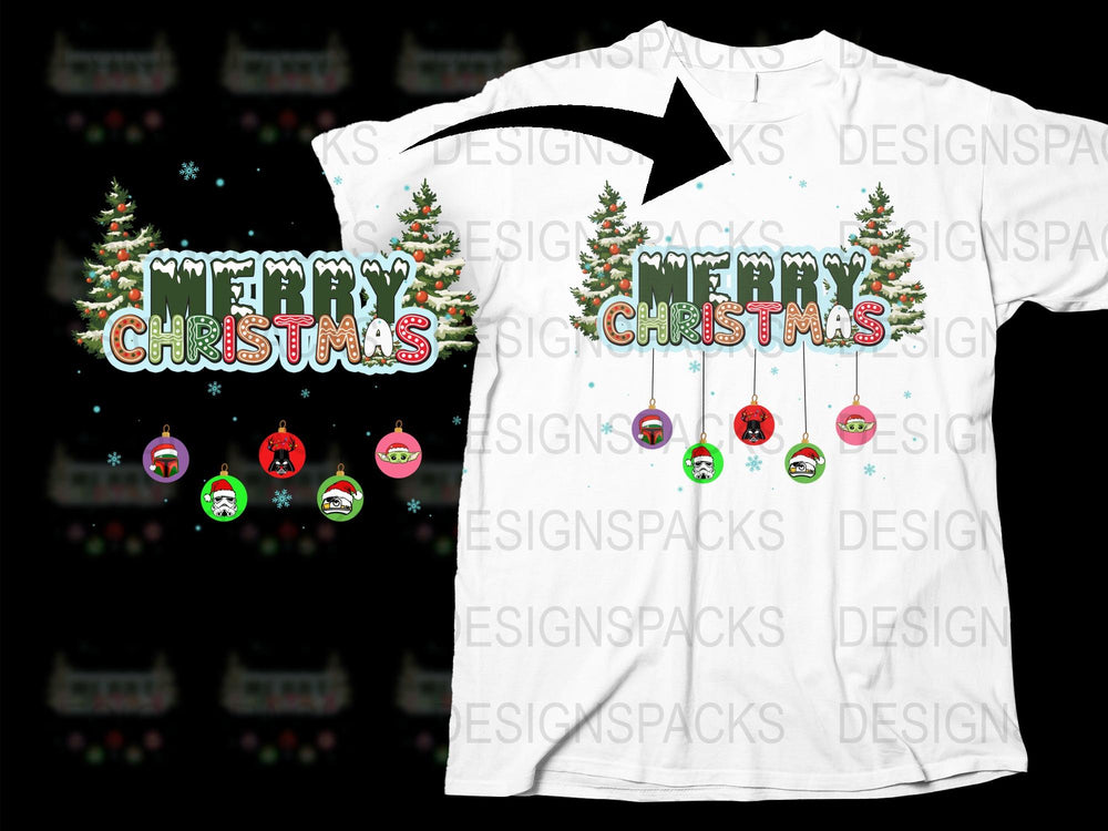 Festive Christmas T-Shirt with Snowy Trees and Ornament Graphics, Holiday Apparel